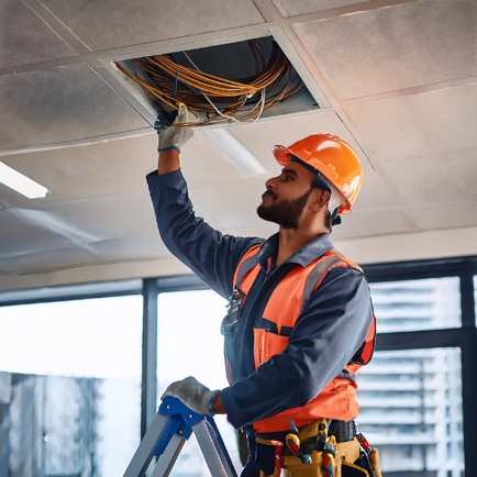 Electrician working on a ceiling-mounted electrical fixture